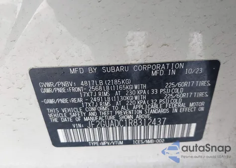 2024 Subaru Crosstrek Premium z USA, uszkodzony, nr VIN JF2GUADC1R8312437